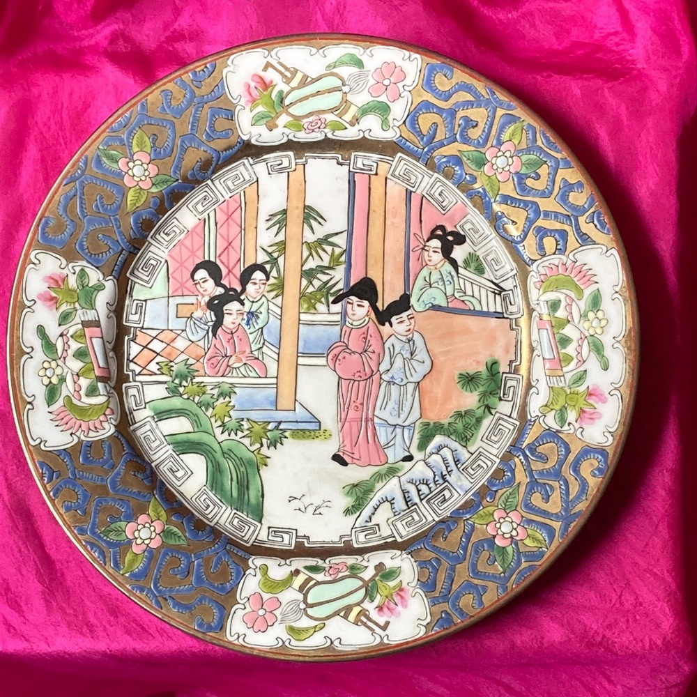 Authentic Vintage Porcelain China Plate with Traditional Scene